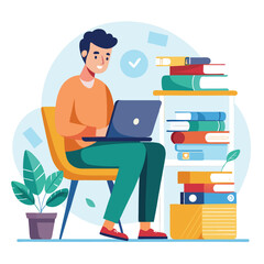 a boy is using his laptop vector