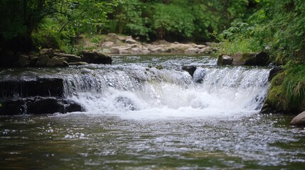 Gentle waterfall cascading over rocks in a lush forest