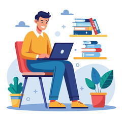 a boy is using his laptop vector