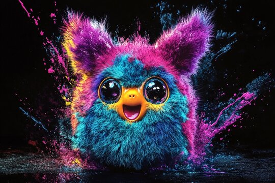 Brightly colored furry creature surrounded by vibrant splashes of paint in an imaginative setting at night