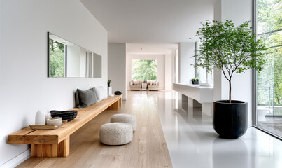 Fototapeta premium Contemporary interior with minimalist design featuring natural wood accents and greenery