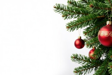 Obraz premium Christmas tree branches with ornaments hanging from gold threads isolated on white background, ornaments, background