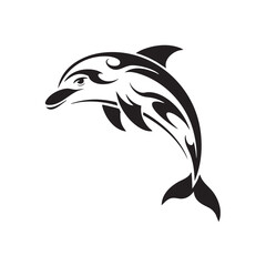 A black and white tribal-style tattoo design of a leaping dolphin