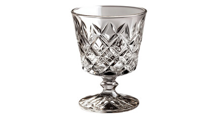 Antique crystal wine glass with silver and gold details, empty and isolated on white background