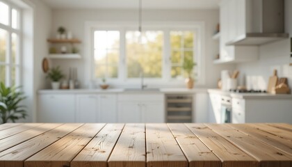 An empty wooden table with a bright white kitchen interior with a blurred background bathed in the early morning sun