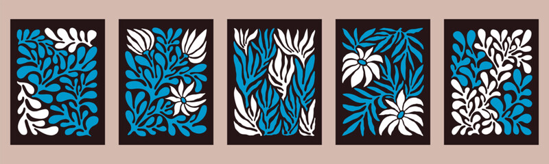 Contemporary Matisse inspired art background vector. Abstract botanical hand drawn posters design with flowers, leaves and branches. Simple modern style illustrated design for print, cover and card.