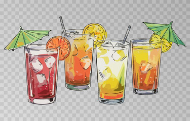 Watercolor set of refreshing summer cocktails PNG. Each drink is served with ice cubes, fruit slices, and adorned with a cocktail umbrella and straw. Cocktails on isolated transparent background.