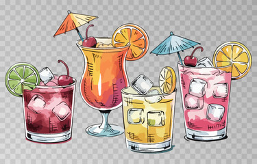 Watercolor set of refreshing summer cocktails PNG. Each drink is served with ice cubes, fruit slices, and adorned with a cocktail umbrella and straw. Cocktails on isolated transparent background.