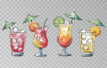 Watercolor set of refreshing summer cocktails PNG. Each drink is served with ice cubes, fruit slices, and adorned with a cocktail umbrella and straw. Cocktails on isolated transparent background.