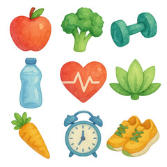 Hand-painted watercolor icons promoting a healthy lifestyle, featuring fruits, vegetables, heart rate, dumbbell, water, shoes, and clock PNG