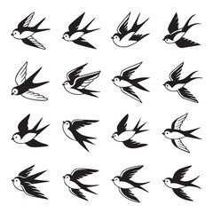 A collection of 16 black and white swallow tattoo designs arranged in a 4x4 grid