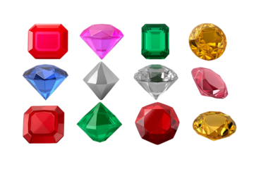 Assorted Gemstones Collection Sparkling with Colorful Facets Isolated on White or Transparent