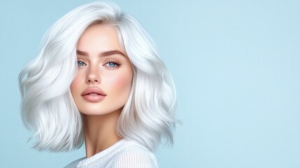 Naklejka premium Modern beauty portrait with icy white bob hairstyle, minimal background, soft waves, light makeup, pastel tone setting, elegant fashion look with copy space for designers