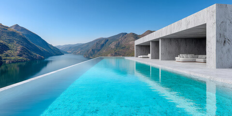 Fototapeta premium Luxury infinity pool overlooking tranquil mountains and water in bright daylight