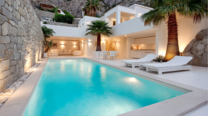 Modern villa with swimming pool surrounded by palm trees in a serene tropical setting