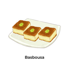 Colorful illustration of Basbousa traditional Middle Eastern sweets and desserts. Perfect for Ramadan, Eid, or cultural food themes. High detail, vibrant style.