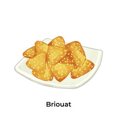 Colorful illustration of Briouat traditional Middle Eastern sweets and desserts. Perfect for Ramadan, Eid, or cultural food themes. High detail, vibrant style.