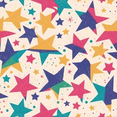 Colorful Starry Pattern Design on Cream Background with Pink Blue and Yellow Stars for Decorative Abstract Presentation