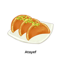 Colorful illustration of Atayef traditional Middle Eastern sweets and desserts. Perfect for Ramadan, Eid, or cultural food themes. High detail, vibrant style.