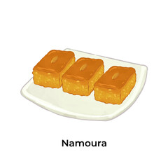 Colorful illustration of Namoura traditional Middle Eastern sweets and desserts. Perfect for Ramadan, Eid, or cultural food themes. High detail, vibrant style.