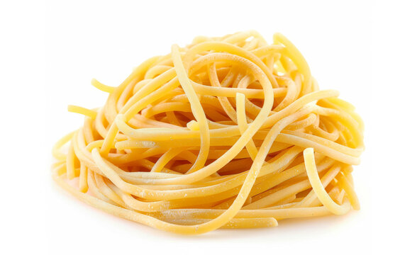 Pile of uncooked spaghetti on a white background.