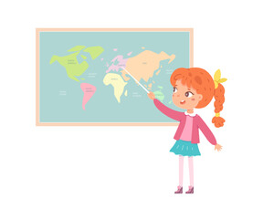 Geography lesson. Girl pointing at world map with pointer. Child learning continents and oceans, educational activity, classroom scene, back to school, kids education. Vector illustration.