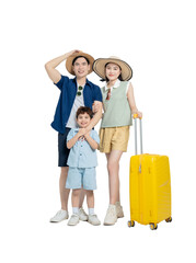 Full body photo of Asian family wearing travel clothes, travel suitcase posing, background removed