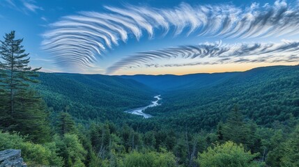 Panoramic mountain valley at sunrise. Lush green foliage, winding river, and a dramatic sky