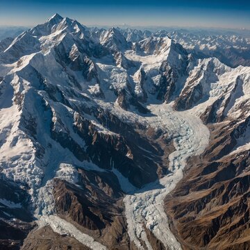Aerial view of the massive Rupal Face of Nanga Parbat, with glaciers and crevasses carving through the landscape.