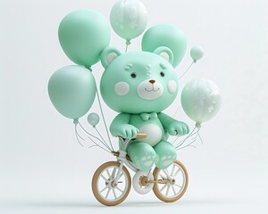Adorable Green Teddy Bear Riding a Bike with Balloons Cute Children's Illustration