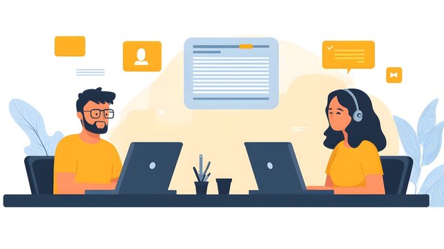 A man and woman collaborate remotely using laptops and headsets for efficient online teamwork and communication.