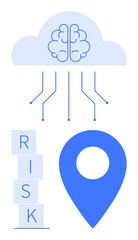 Brain in a cloud connects to digital nodes, risk blocks stacked nearby, and a location pin. Ideal for technology, AI, innovation, risk, strategy, navigation abstract line flat metaphor