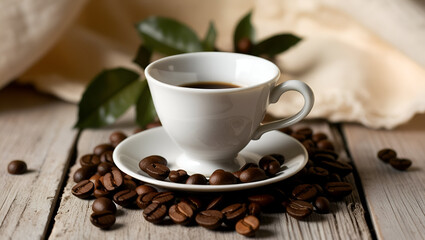 Fototapeta premium Steaming coffee cup with scattered coffee beans in the background