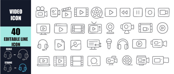 Video Icon Set – Media, Camera, and Play Button Vector Design