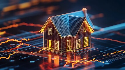 real estate trends and market analysis depicted by digital house on financial chart showing investment opportunities housing prices and economic growth