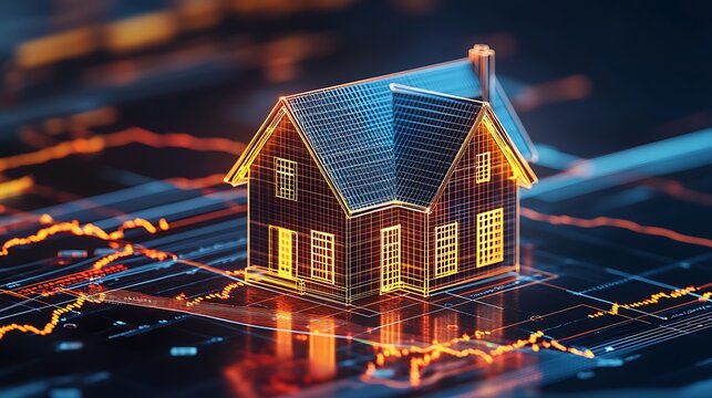 real estate trends and market analysis depicted by digital house on financial chart showing investment opportunities housing prices and economic growth