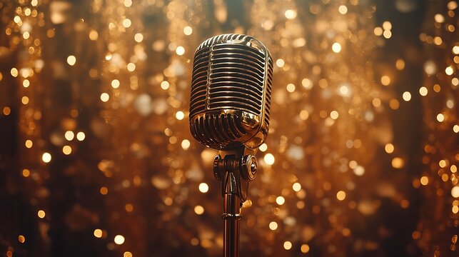 Vintage Microphone: A captivating close-up of a vintage microphone set against a glittering backdrop of golden lights, creating a visual symphony of sound and glamour.