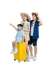 Full body photo of Asian family wearing travel clothes, travel suitcase posing, background removed