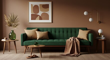 A serene living room, enveloped in earthy tones, features a plush emerald green sofa inviting relaxation and tranquility, accented by warm lighting and natural textures.