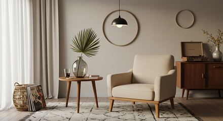 A serene living room moment, featuring a comfortable armchair bathed in soft sunlight and accented by a stylish vase and mid-century modern decor.