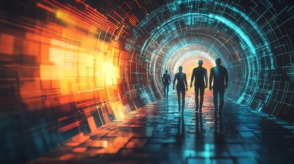 Obraz premium technology inspired digital circular pattern with figures representing teamwork interaction and connectivity in a modern abstract virtual environment