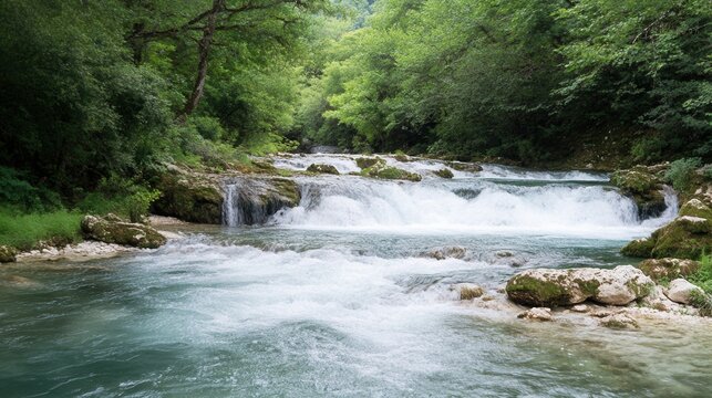 Serene mountain stream cascading over rocks. Lush green forest surrounds the tranquil water