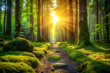 Obraz premium Sunlit Path Through a Lush Forest