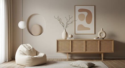 Serene beige living room featuring a cozy beanbag chair, minimalist wooden sideboard with woven accents, and calming abstract art, bathed in soft natural light.