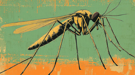 detailed illustration of mosquito on textured green and orange background