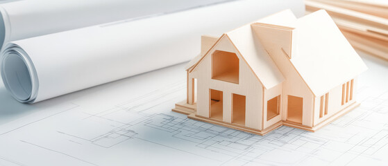 Model house construction on architectural plans with rolled blueprints nearby