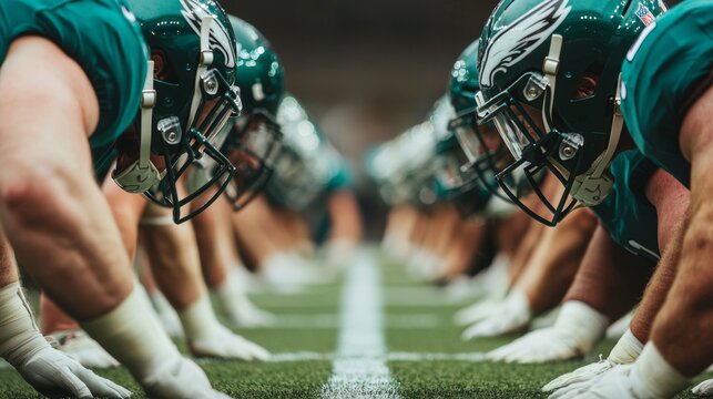 Intense Football Standoff at the Line of Scrimmage with Focused Players Ready to Compete