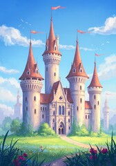Fototapeta premium Fairytale castle with tall towers and flags surrounded by greenery 