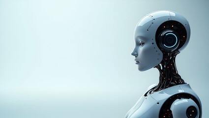Wallpaper artwork illustrating futuristic AI robotics with vast empty space and sleek digital...