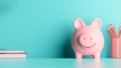 A pink piggy bank and stationery on a light blue surface, symbolizing savings and financial planning